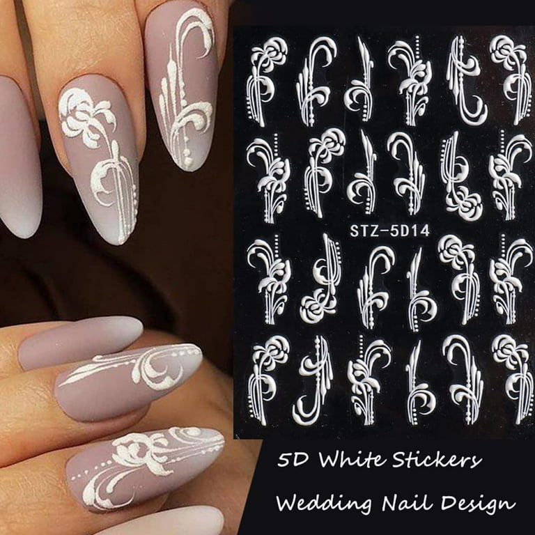 Flowers Nail Art Stickers Decals 5D Hollow Exquisite 4 Sheet White