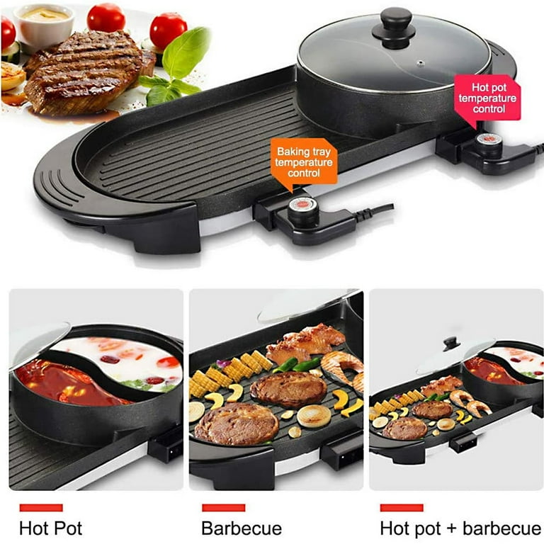 3 in 1 Electric Hot Pot BBQ Grill 2300W Multifunction Portable Home  Non-Stick Split Pot Smokeless Skillet Barbecue Pan