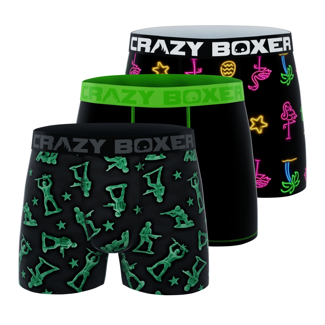 CRAZYBOXER Premium Army And Flamingo; Men's Boxer Briefs, 3 Pack