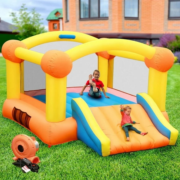 Entil Inflatable Bounce House with Blower, Big Slide, Basketball Hoop & Inflatable Basketball, Bouncy Castles for kids, 12x9FT