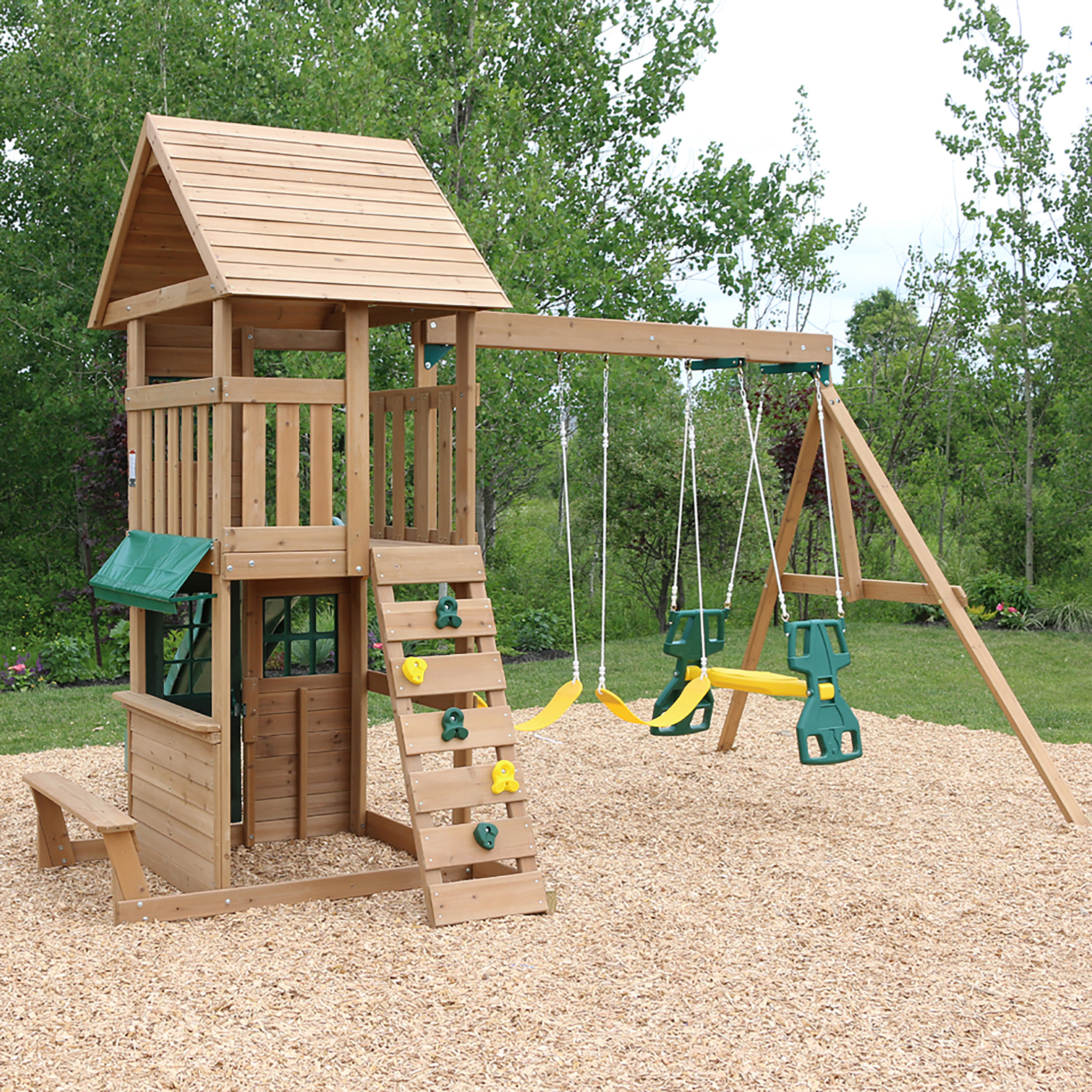 KidKraft Windale Wooden Swing Set / Playset with Clubhouse, Swings, Slide, Shaded Table and Bench - image 4 of 12