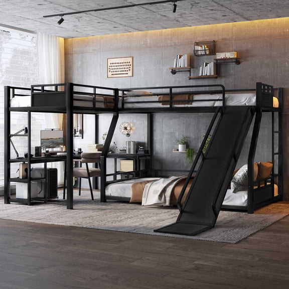 L-Shaped Metal Bunk Bed (Top bed: twin, bottom bed: full ) with Single Loft Bed, Desk, and Storage Shelves, USB Charging Port Included - Metal Triple Bunk Bed with Slide,Black