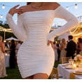 thumbnail image 2 of RongHuan Bodycon Dress for Women Off Shoulder Mini Dress Elegant Long Sleeve Dresses Pleated Guest Gown, 2 of 6