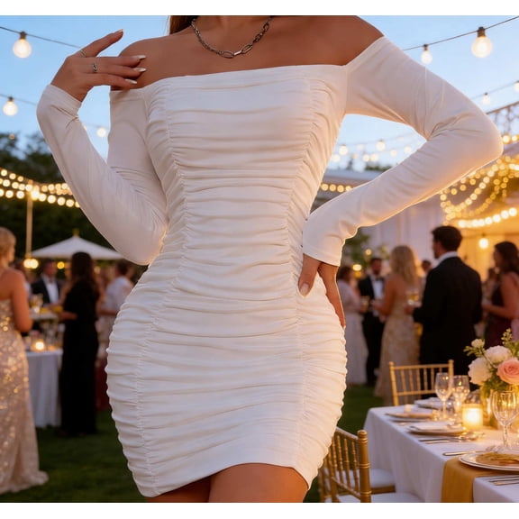 Wowcloth Women's Off-Shoulder Long Sleeve Pleated Bodycon Dress for Daily Wear and Parties