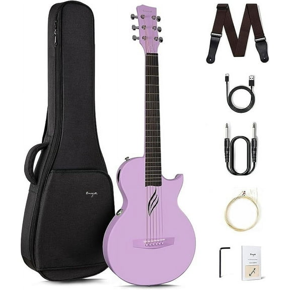 Enya NOVA Go SP1 Carbon Fiber Acoustic Electric Guitar with Smart AcousticPlus 35 Inch Travel Acustica Guitarra Starter Bundle Kit of Gig Bag, Strap, Strings, Charging Cable, Instrument Cable(Purple)
