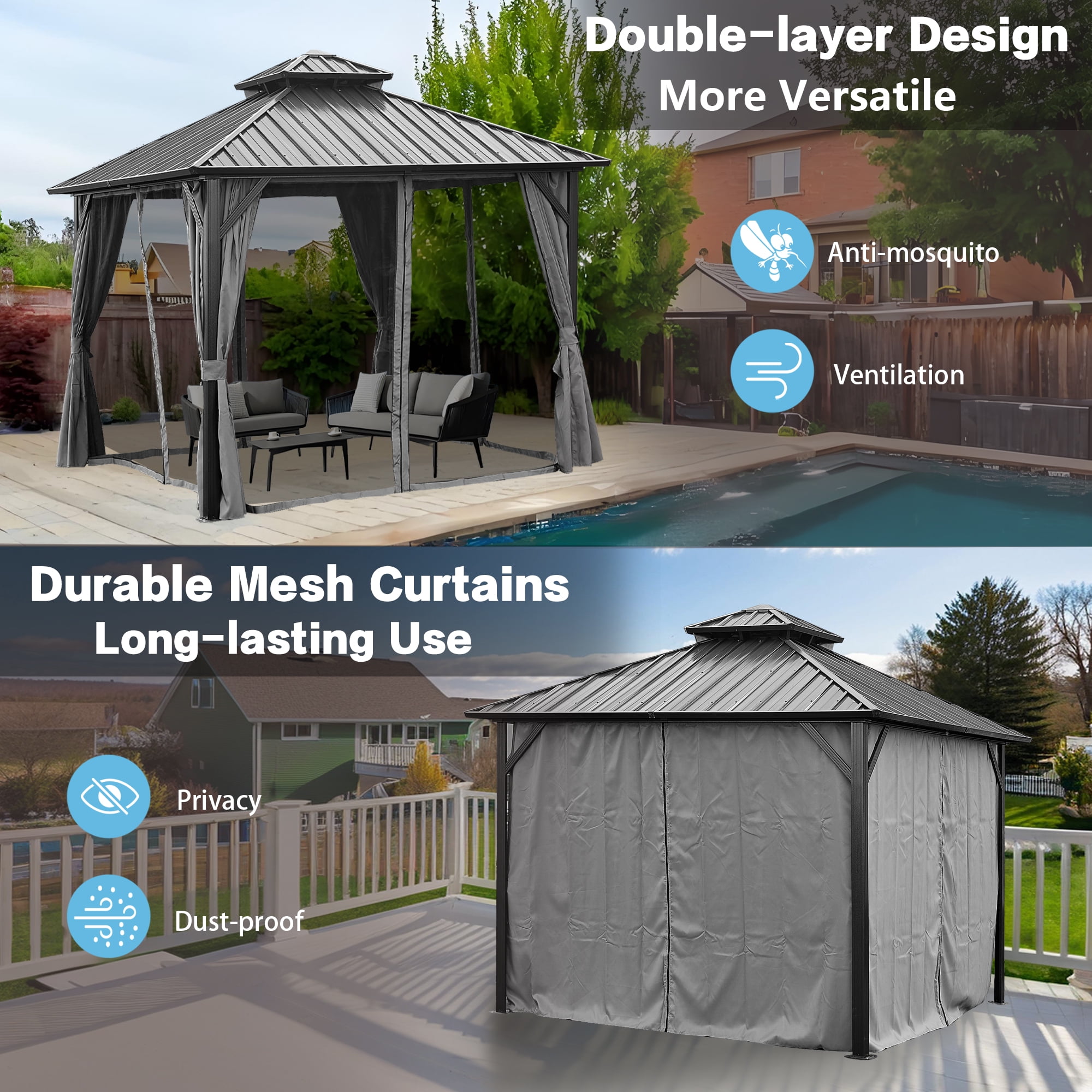 MEWANG 12'x 12'Outdoor Hardtop Gazebo, Metal Double Roof Canopy Gazebo with Curtains and Nettings for Patio,Party.