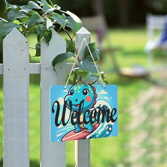 Cartoon Dinosaur Surf Welcome Sign for Front Door Porch Wreath Door Sign Home Decoration Rustic Farmhouse Style