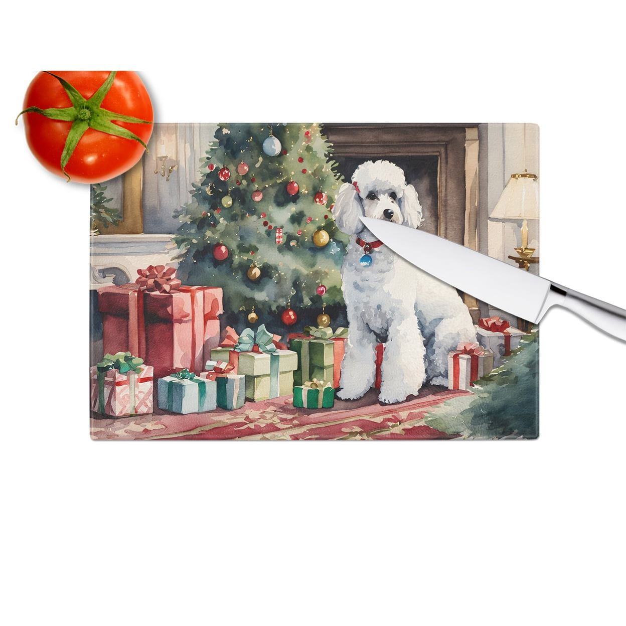 Poodle Cozy Christmas Glass Cutting Board Large 12 in x 15 in