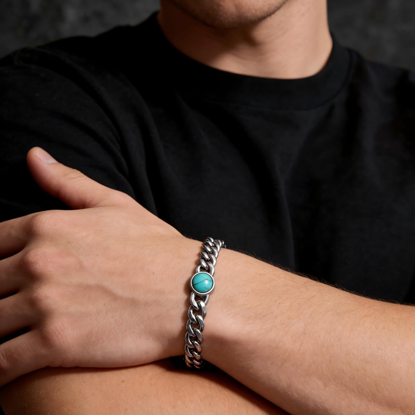 Iron Saints Men Turquoise Cuba Link Bracelets, Stainless Steel, Turquoise Accent Men Bracelet