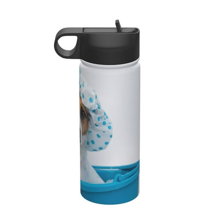 

Goofa Terrier Takes A Bath With Shower Cap for Insulated Kettle 18oz Water Bottle Insulated Tumbler with Handle & Flip Straw - Fits in Cup Holder Leak Resistant Tumbler