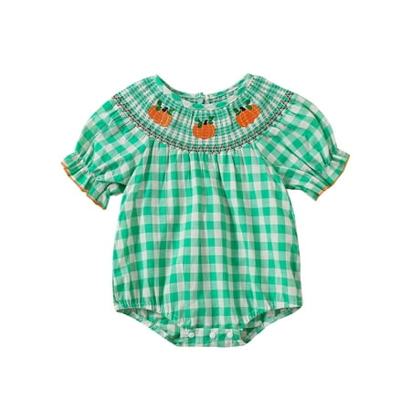 

Owls Yard Baby Halloween Fall Romper Pumpkin Embroidered Plaid Ruffled Jumpsuits