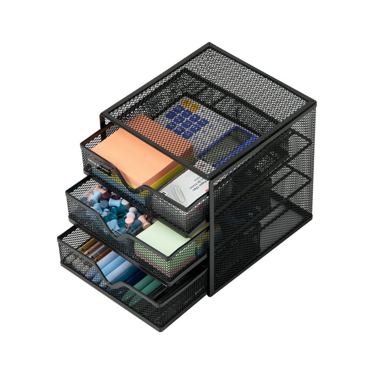Mind Reader Mesh Mini 3 Tier Drawer Organizer, Desk Supplies Office  Supplies Organizer, 3 Drawers, 1 Top Shelf, Black