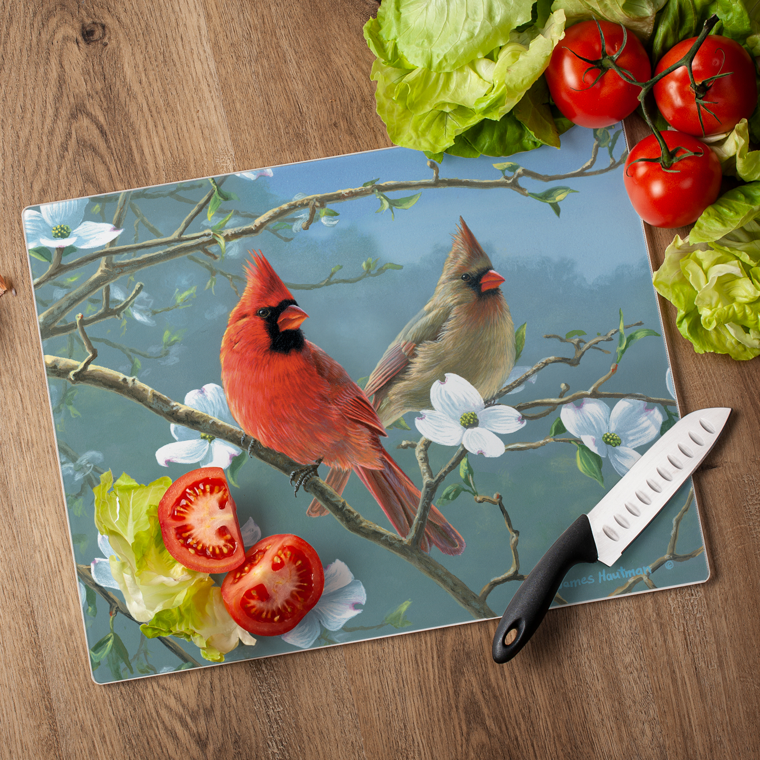 CounterArt "Beautiful Cardinal" 3mm Heat Tolerant Glass Cutting Board 15" by 12"