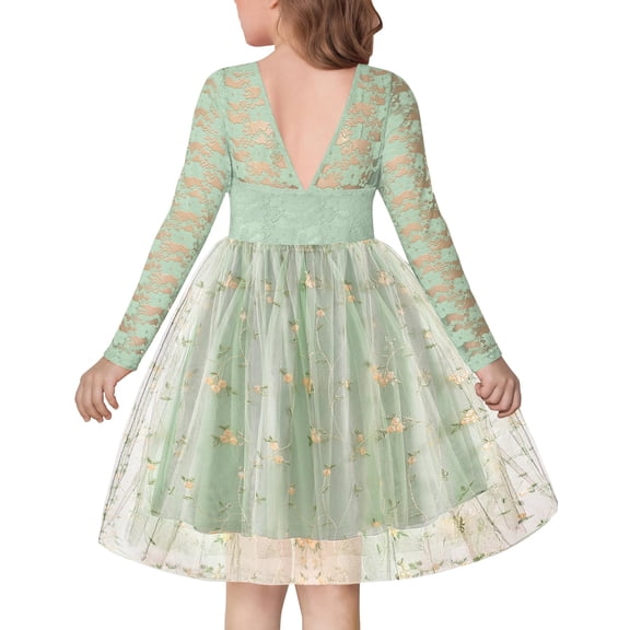 Arshiner Flower Girl Dress V Back Lace Long Sleeve Tulle Special Occasion Wedding Party Dresses