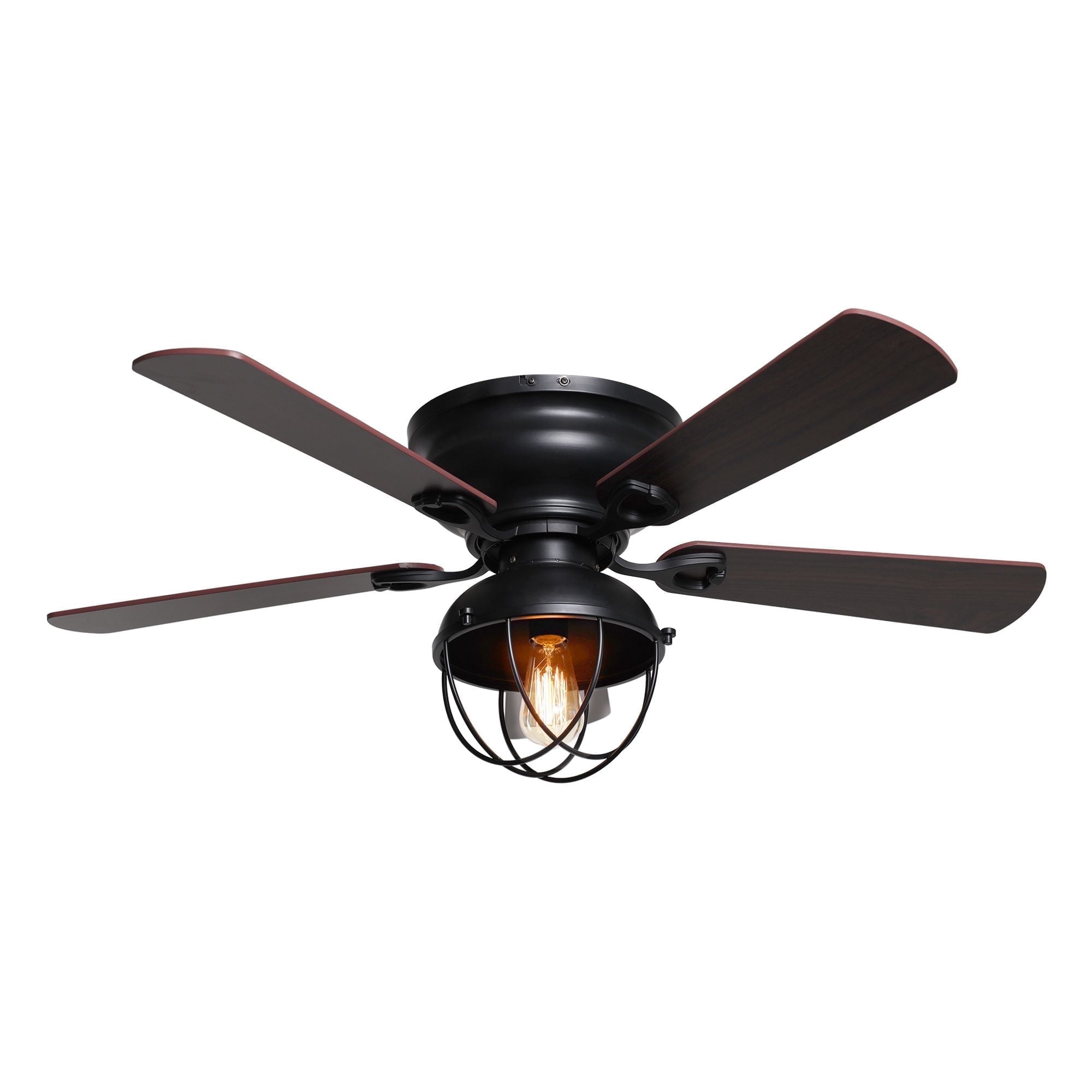 42" Modern Farmhouse Black Caged Flush Mount Ceiling Fan with Light and Remote Control