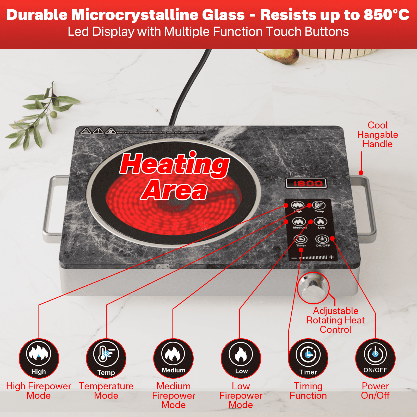 Nardea Single-Burner Electric Ceramic Cooktop – 1800W Infrared Heating, 18 Heat Levels, Timer, Compact Design, for Kitchen, Dorm, or Outdoor Use
