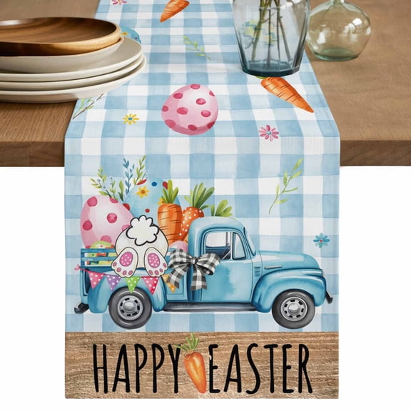Table Runner 72 Inches Long for Kitchen Dining, Easter Dresser Scarf Farmhouse, Dining Table Decorations for Wedding/Parties, Blue Truck Eggs Bunny Checkered Farmhouse 16 x 72 In