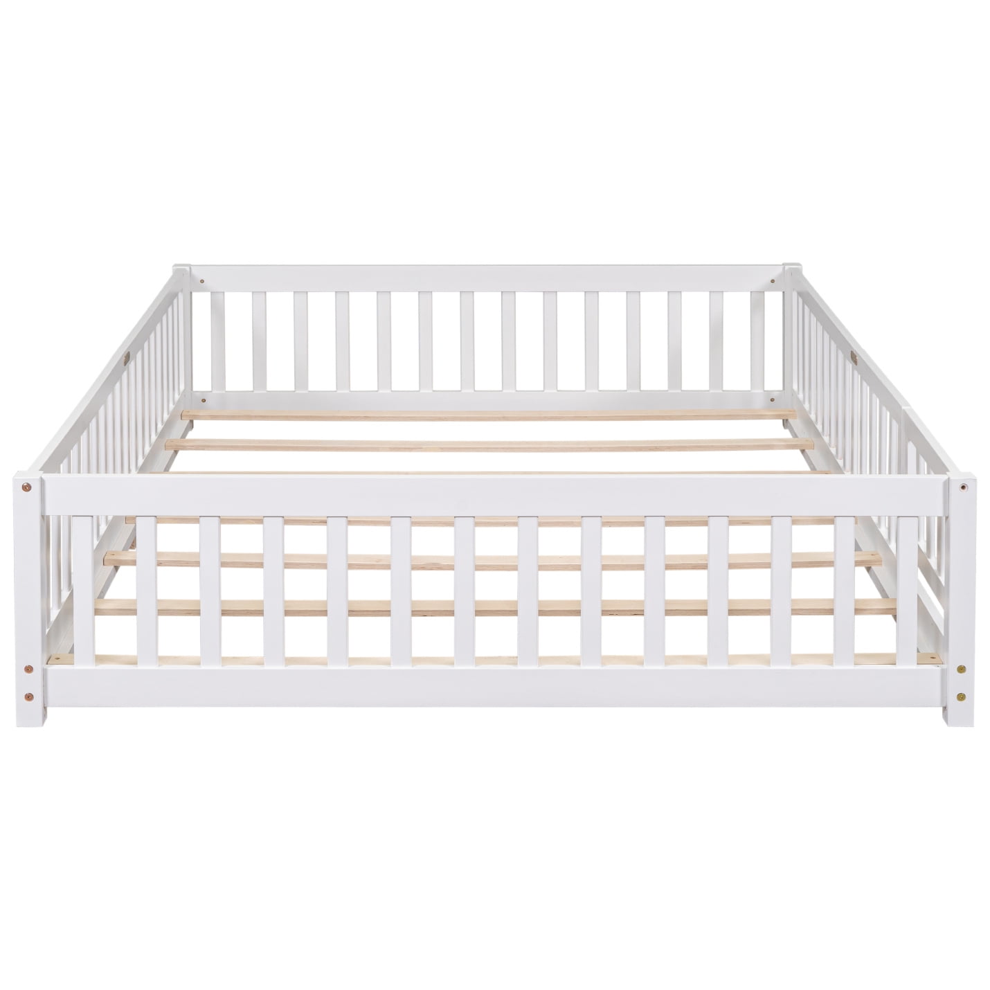 Queen Size Floor Bed with Fence for Kids, Wood Montessori Toddler Bed Frame with Door and Slats Support, Queen Size Platform for Girls and Boys, White