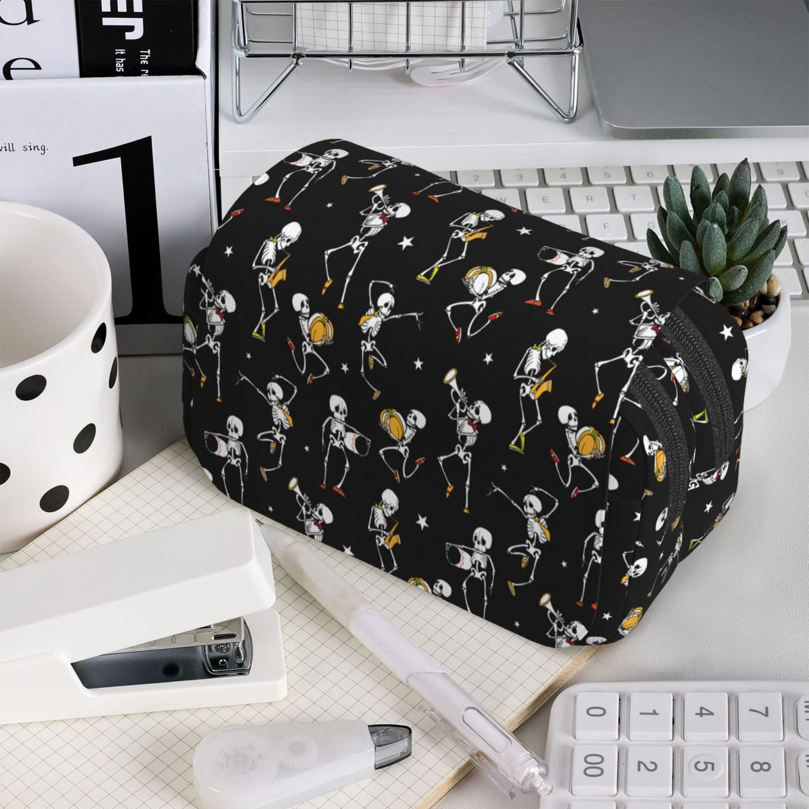 Rateoe Playing Music Skeletons Pattern Double Clamshell Pen Case, Storage Organizer with Two Zipper Compartments– Holds Up to 50 Pencils & Pens