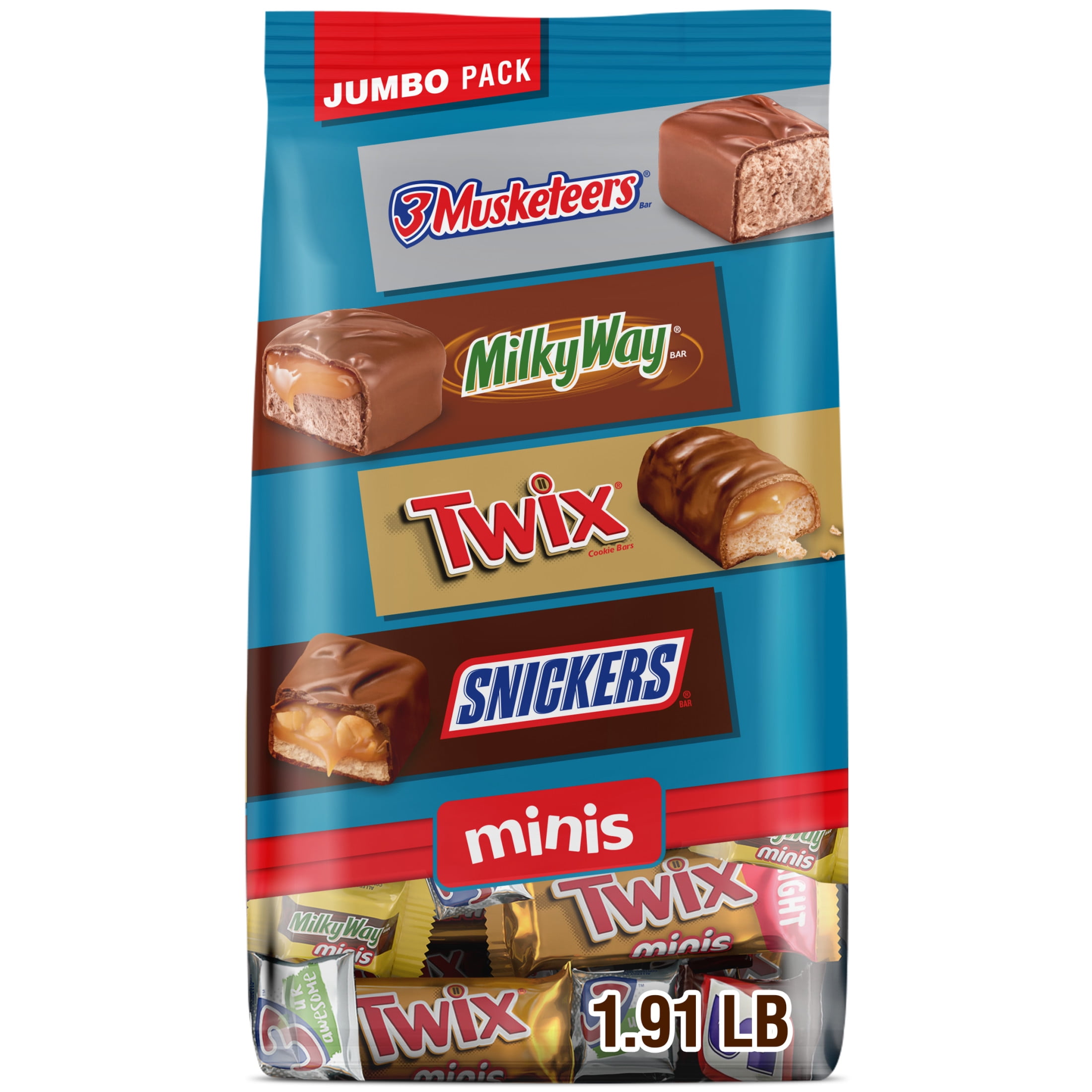 (4 pack) Snickers, Twix & More Minis Chocolate Candy Bars Variety pack - 30.63 oz Bulk Bag