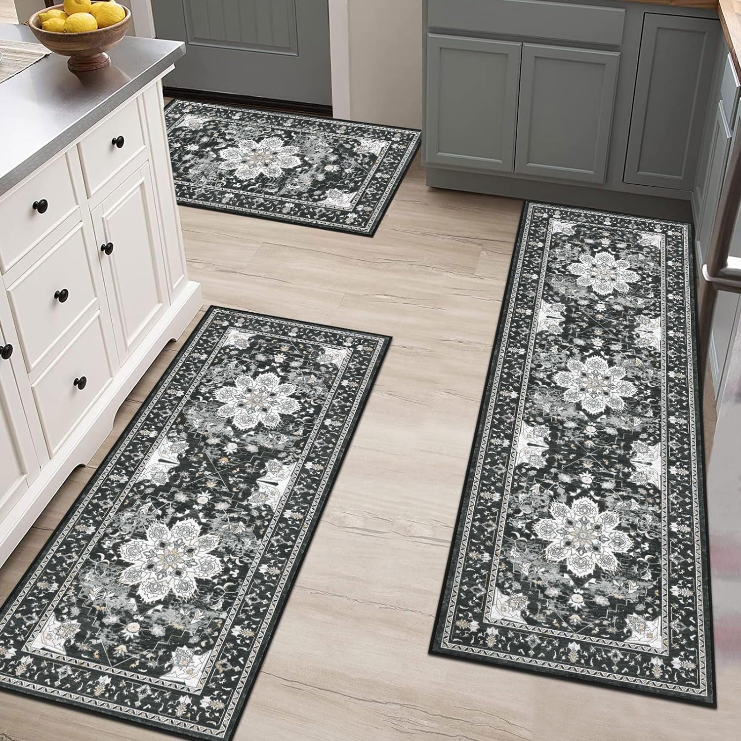 Kitchen Rug and Mat, Yamaziot Boho Kitchen Rug Set of 3, Non Slip Washable Farmhouse Floor Mat Hallway Runner, Laundry Room Carpet