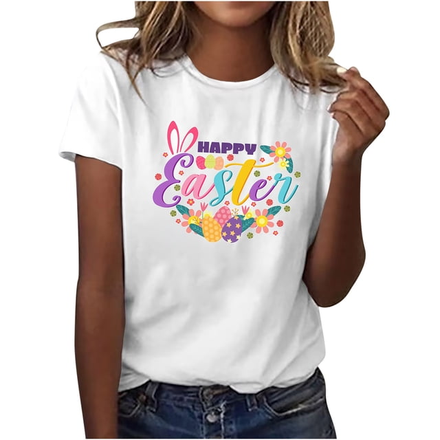 Bowake Femmes Easter T-Shirt Mignon Œuf Graphique Tee Lettre Imprimée Hauts Décontractés Col Rond Manches Courtes T-Shirt Cadeaux Easter