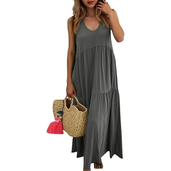 Makaor Dresses for Women Linen A Line Ruched Maxi Dresses Plus Size Sleeveless Dress Solid V Neck Empire Waist Beach Vacation Clothes with Pockets Gray M