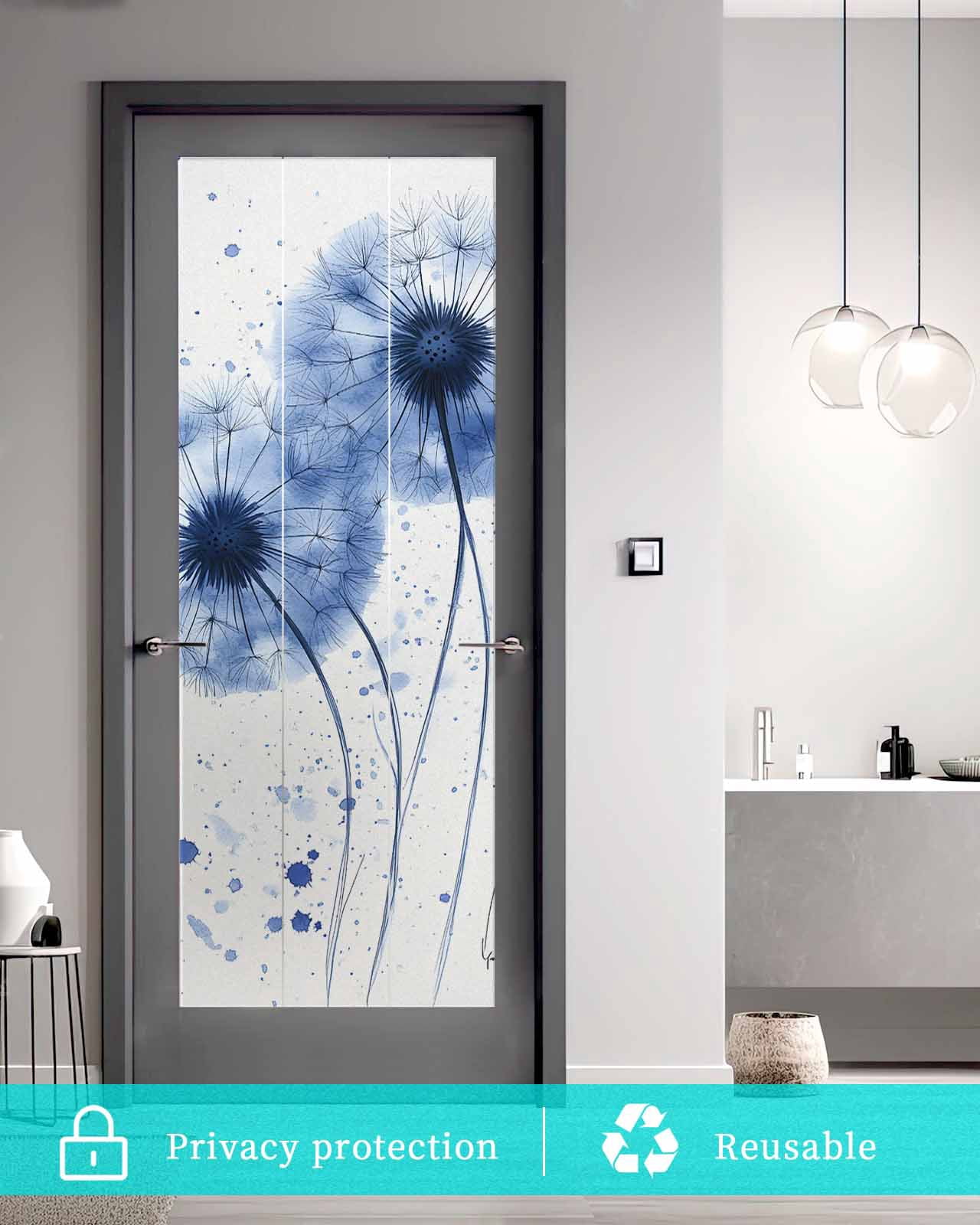 Window Privacy Film Blue Dandelion Stained Glass Window Film Decorative Sun Block Window Cover Contemporary Simple Watercolor Floral Window Clings Static Adhesive Sticker for Bathroom 23.6"x59"