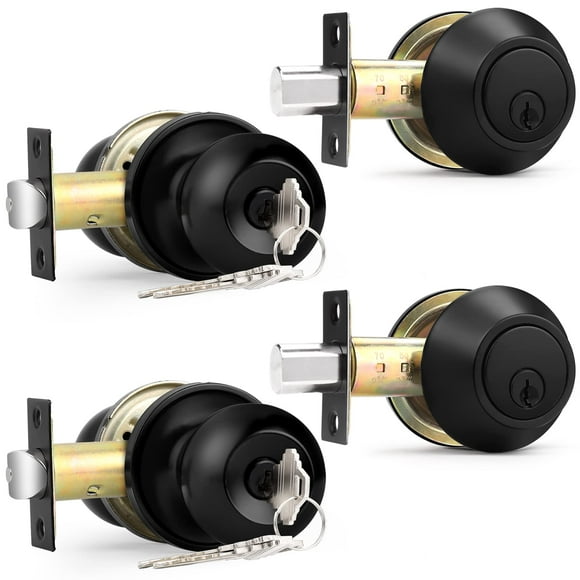 Probrico Black Keyed Alike Entry Knobs Front Door Locks Exterior Lockset and Single Cylinder Deadbolt Combination Set 2 Pack