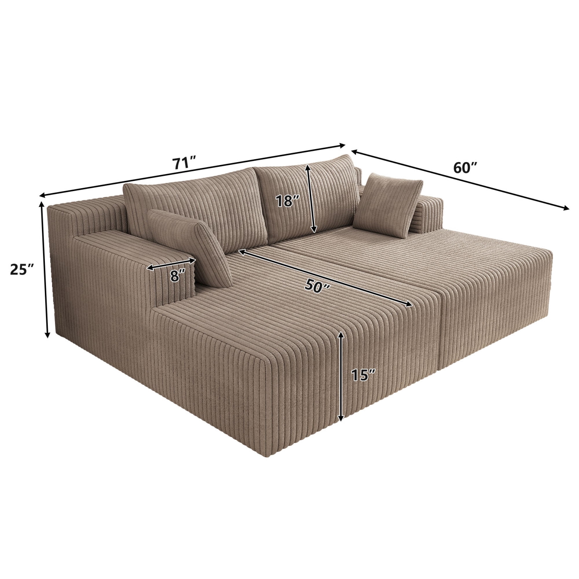 HOQBN 71" Oversized Double Chaise Lounges Indoor,Upholstered Corduroy Boneless Couch with 4 Pillows,Reading Lazy Cloud Plush Sofa Bed for Living Room, Bedroom,No Assembly,Camel