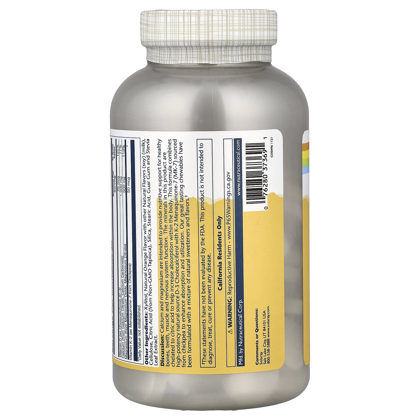 Solaray Cal-Mag Citrate with Vitamin D3 & K2, Natural Orange, 90 Chewables