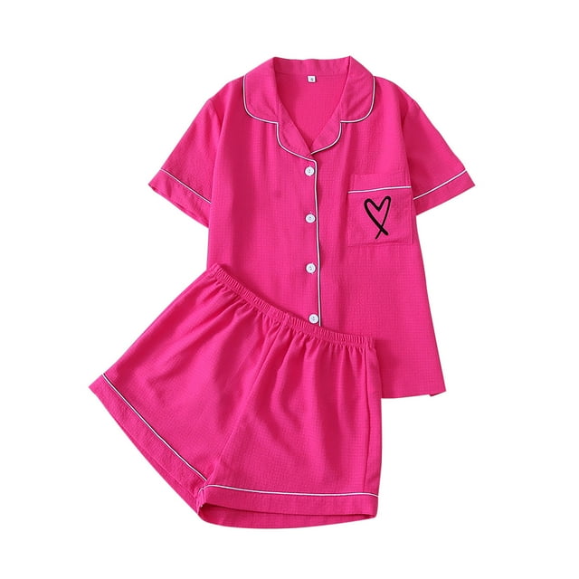 cfhntfmh Pyjama pour Femmes Sets Pj Set Mignon à Imprimé Cœur Chemise à Manches Courtes Boutonnée avec Short Ensemble de Pyjama 2 Pcs