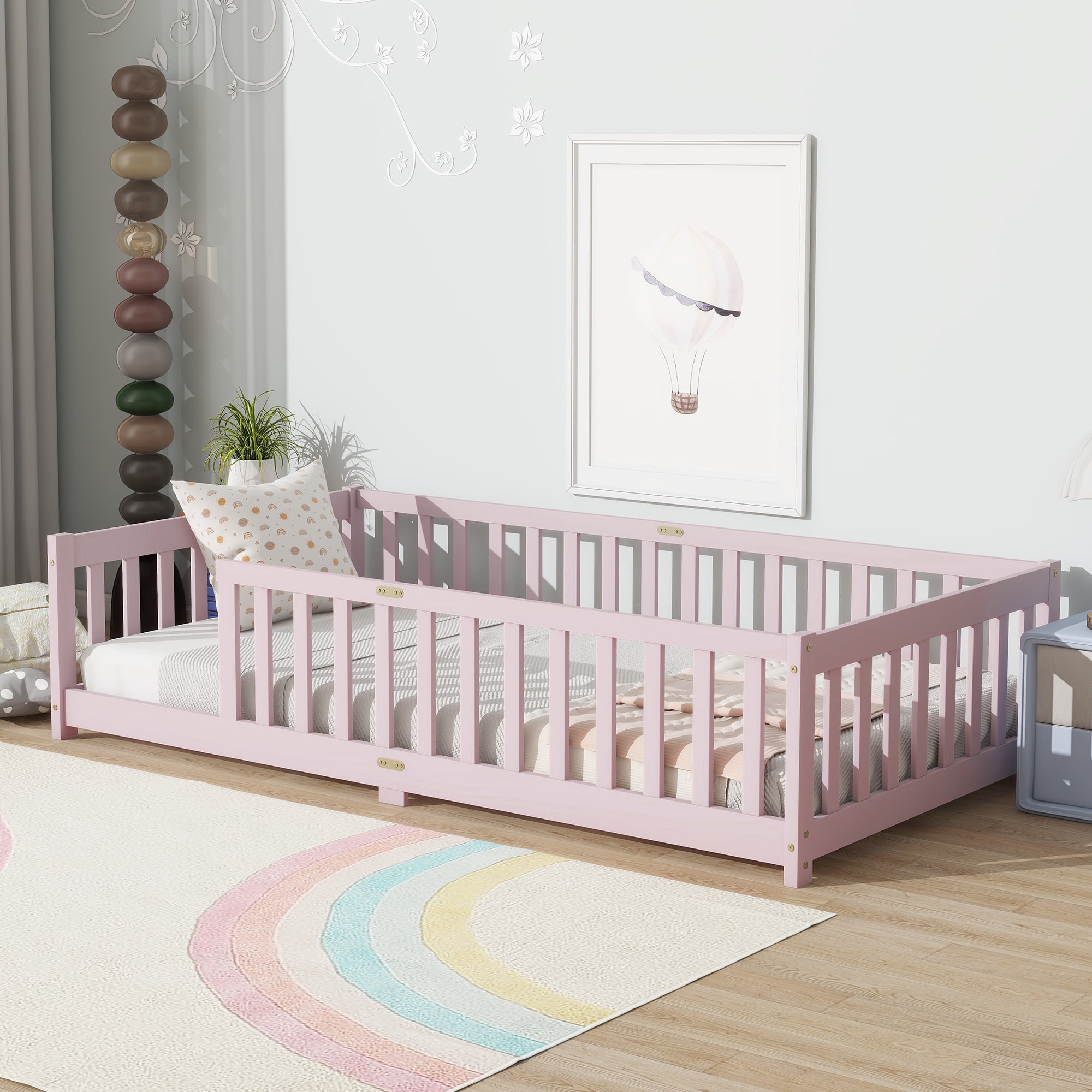 Twin Size Floor Bed with Fence, UHOMEPRO Montessori Floor Bed with Slats and Safety Guardrails, Solid Wood Twin Bed Frame for Bedroom, Pink