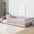 thumbnail image 2 of Twin Size Floor Bed with Fence, UHOMEPRO Montessori Floor Bed with Slats and Safety Guardrails, Solid Wood Twin Bed Frame for Bedroom, Pink, 2 of 13