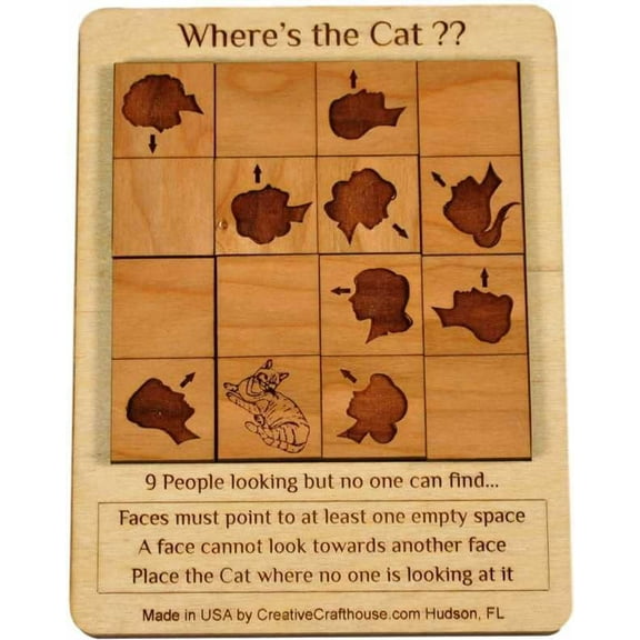 Creative Crafthouse Where's the Cat Puzzle Wood Brain Teaser Gift for Cat Lovers USA Made