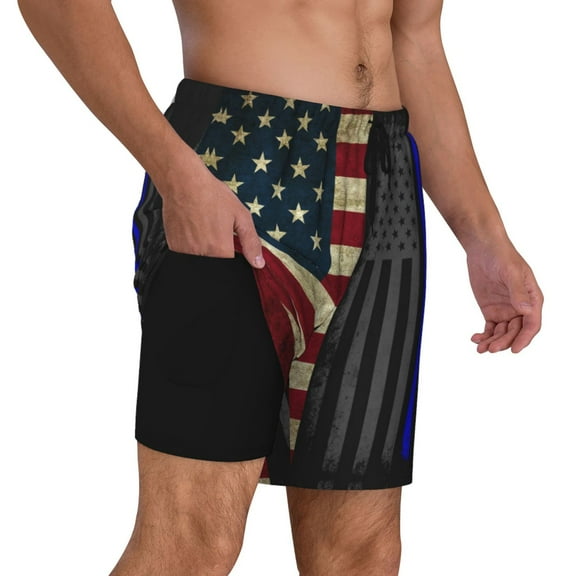 Men's America Thin Blue Line Flag Swim Trunks with Compression Liner Bathing Suit Swimwear
