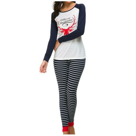 

Women Plus Size Christmas Printed Stripe Pajamas Set Fashion Round Neck Tops And Pants Sleepwear