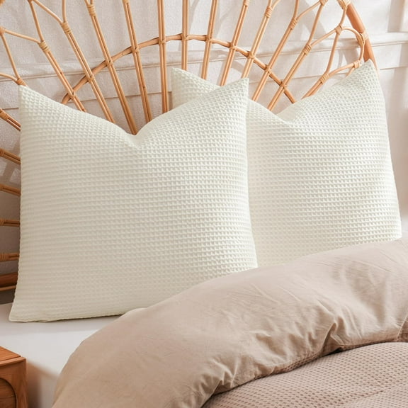 European Pillow Shams 26"X26" 2 Pack, 100% Cotton Waffle Weave Decorative Covers, No Filling, Elegant Bedroom Living Room Accent, Beige