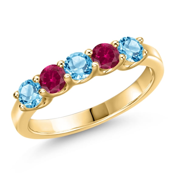 Gem Stone King 10K Yellow Gold Swiss Blue Topaz and Red Created Ruby Wedding-Bands Ring for Women | 1.10 Cttw | Round 3.5MM | Gemstone November Birthstone | Size 8