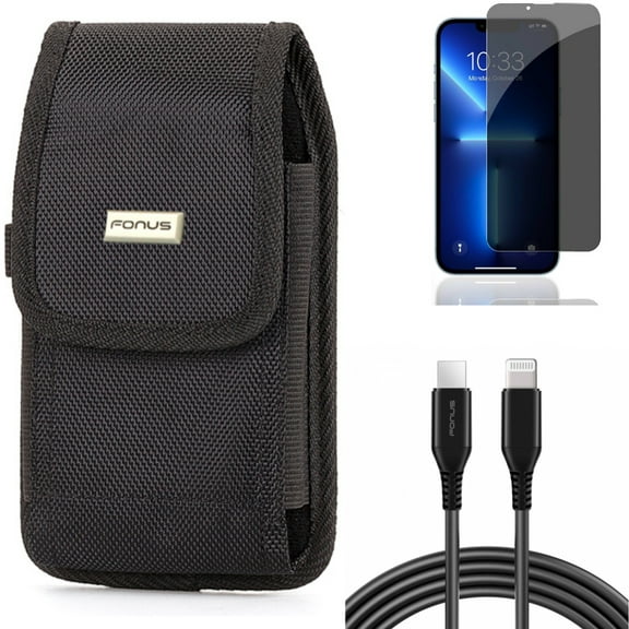 Privacy Screen Protector & 10ft PD Cable & Case Belt Clip for iPhone 13/Pro ONLY - Tempered Glass Curved Anti-Spy + USB-C Fast Charger Long + Rugged Holster Canvas Combo