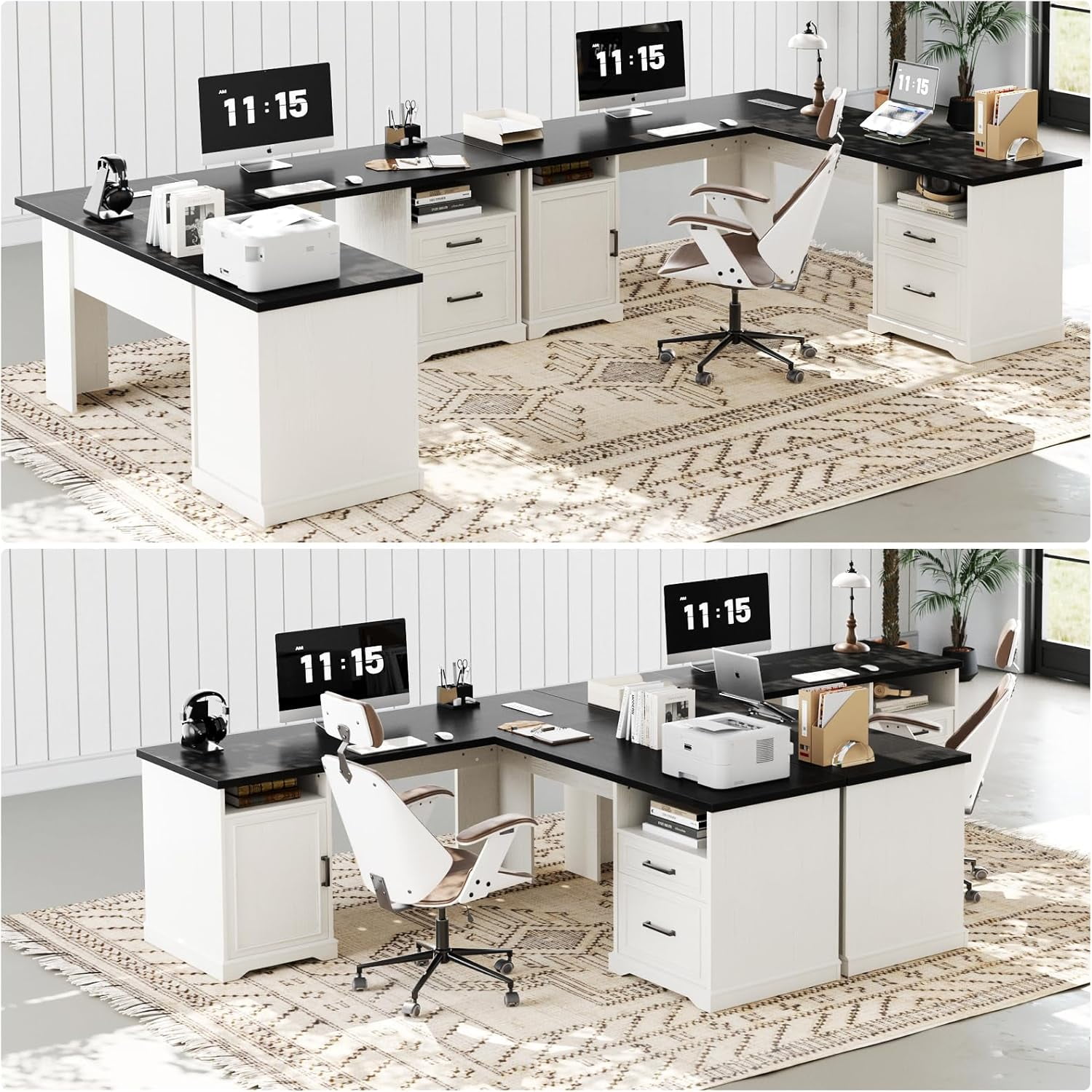 Homieasy L Shaped Executive Desk with File Drawers, 60" Corner Computer Desk with Power Outlets, Large 2 Person Home Office Table with Storage Cabinet, Sturdy Writing Desk, White and Black