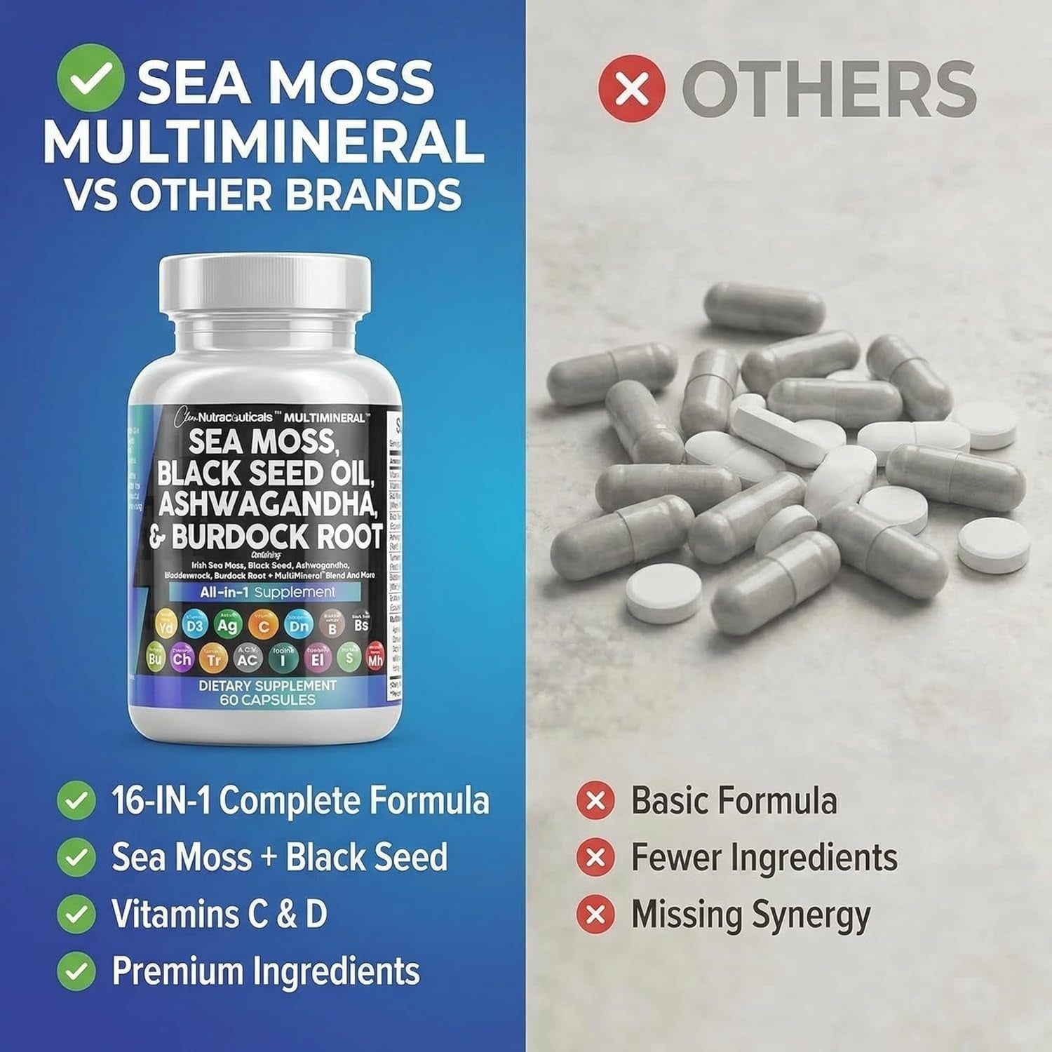 Clean Nutra MultiMineral Sea Moss Capsules 2 Pack - Black Seed Oil Ashwagandha Turmeric Bladderwrack Burdock Root Vitamin C D3 Elderberry Iodine Chlorophyll