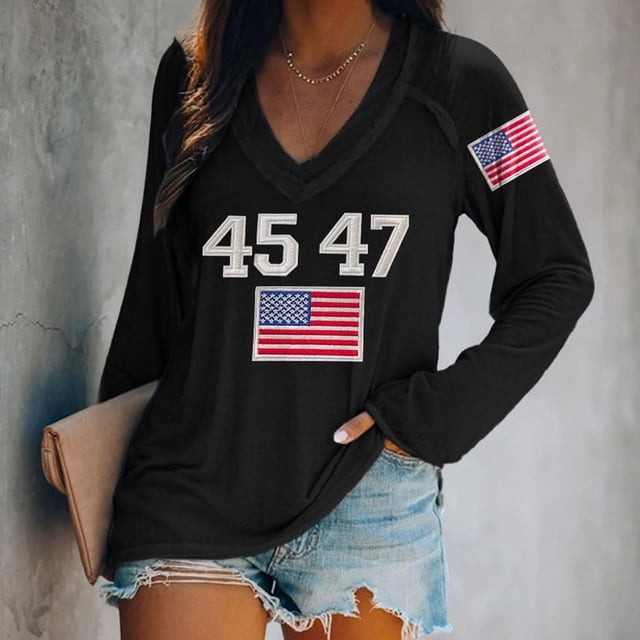 IDALL Chandail en Molleton pour Femmes Manches Longues T-Shirts Graphiques Rétro 45 47 Imprimé Chandail en Molleton 45 47 Col en V 45 47 pour Président Chandail en Molleton T-Shirts Tenues Automne Noir 3TG