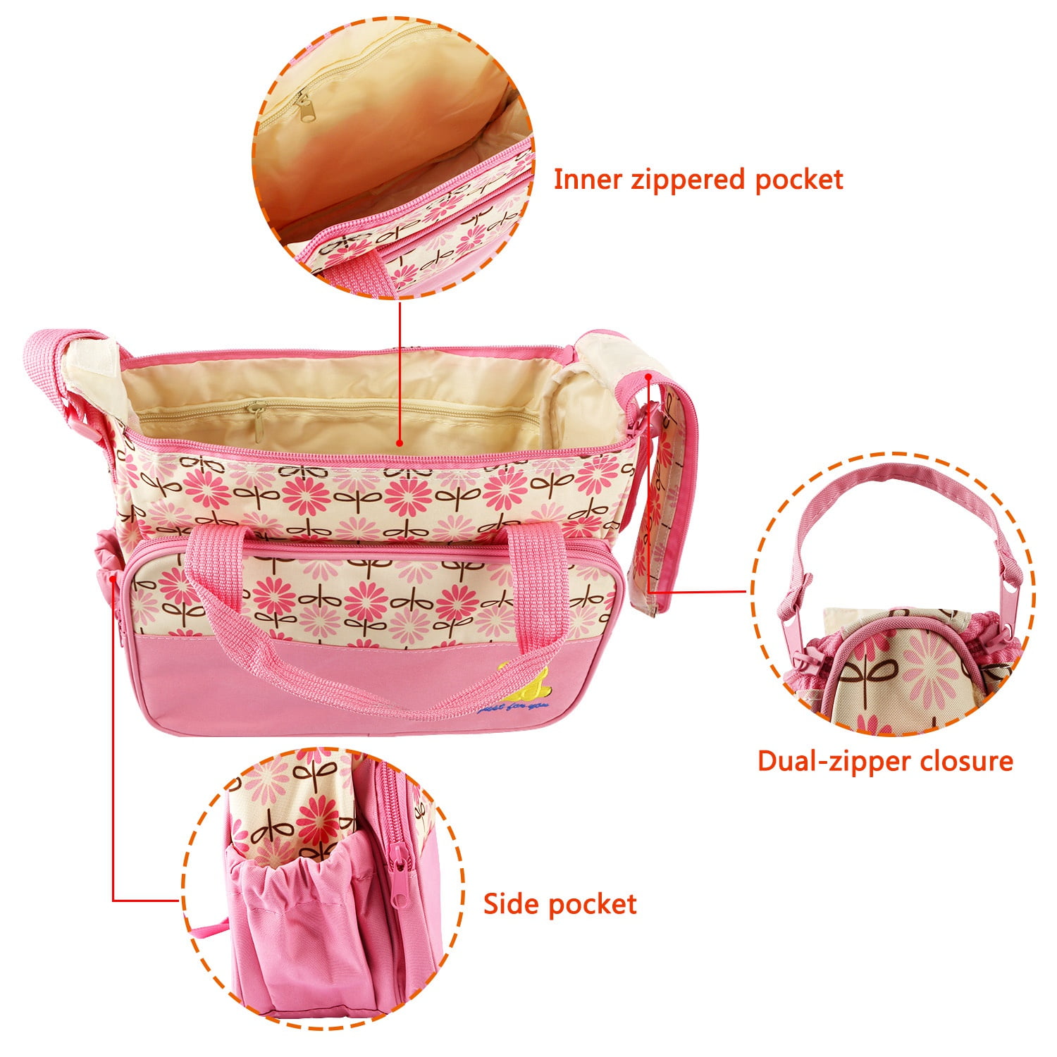 Moclever 5Pack Set Mummy Diaper Tote Bag Baby Nappy Bag Water-Resistant Stain-Resistant with Insulated Water Bottle Bag Napping, Pink