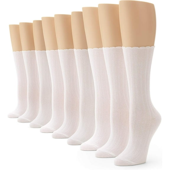 Women's Scallop Pointelle Crew Sock White - 9 Pair Pack 4-10