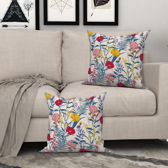 Throw Pillow Covers Set of 2 Pink Red Floral , Wildflower Linen Pillowcase for Living Room Bedroom Decor,18x18 Inch