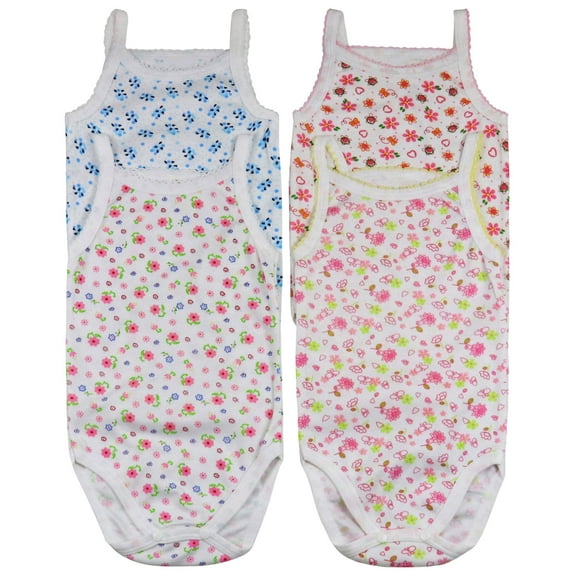 ToBeInStyle Girls' Pack of 4 Ultra-Soft Cotton Spaghetti Strap Baby Bodysuits w/ Ruffle Trim - Floral - 3-6 Months Old