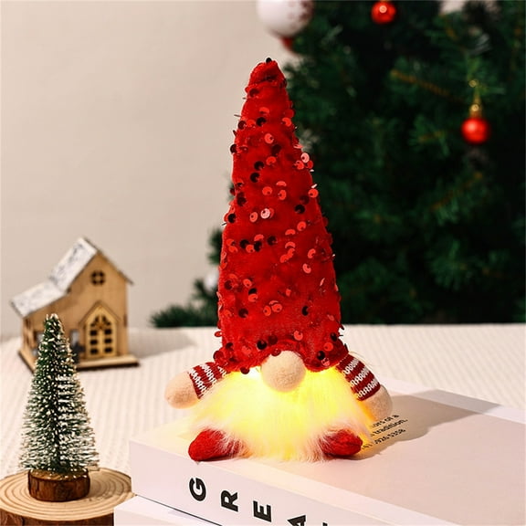 Peacheart Lighted Christmas Gnome Table Decoration, 7.1" Light Up Glitter Sequin Swedish Tomte Santa Elf Plush Doll for Xmas Winter Holiday Party Farmhouse Home Tiered Tray Decor