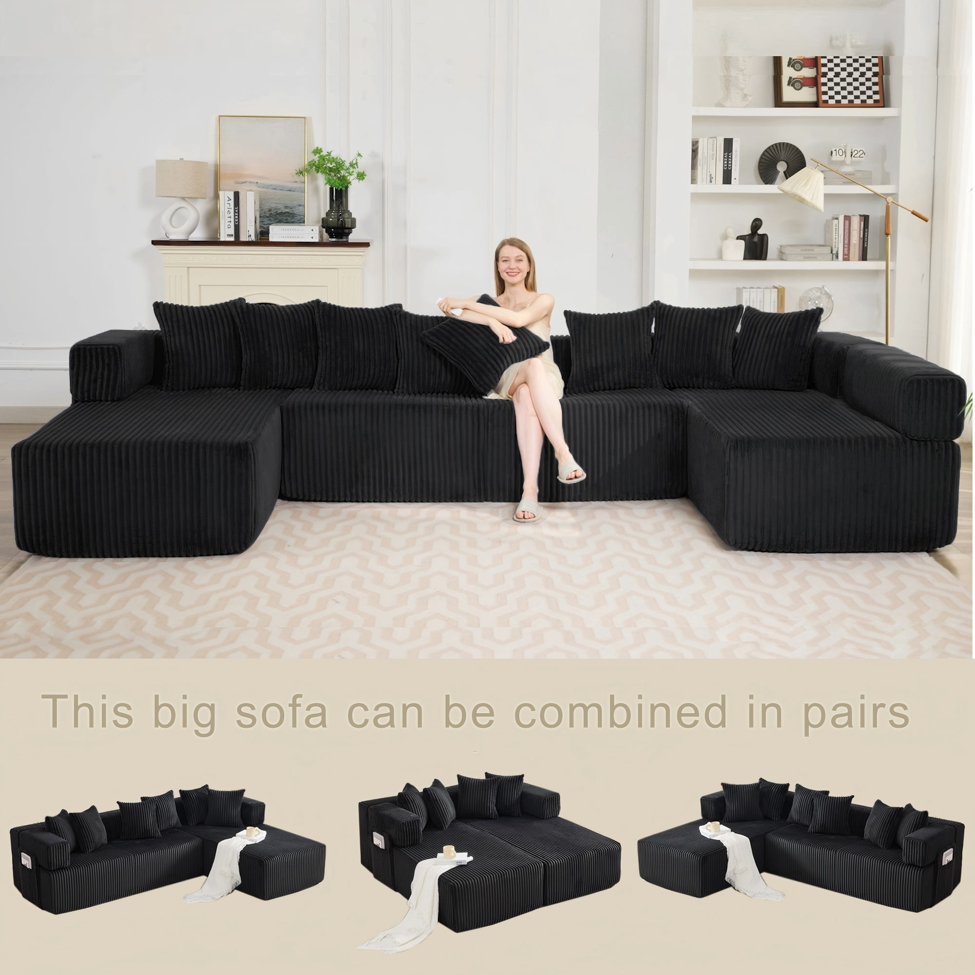 LLappuil 146" Sectional Sofa, U Shaped Sectional Couch with Chaise, 5 Seat Corduroy Sofa Convertible Sleeper Sofa Bed for Living Room Black
