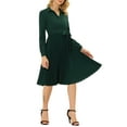thumbnail image 2 of INSPIRE CHIC Women's V Neck Long Sleeve Pleated Hem Belted Chiffon Shirt Dress XS Dark Green, 2 of 6